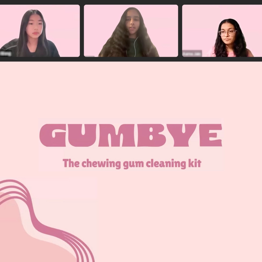 Online pitch slide for Gumbye, a chewing gum cleaning kit, with three young founders on camera
