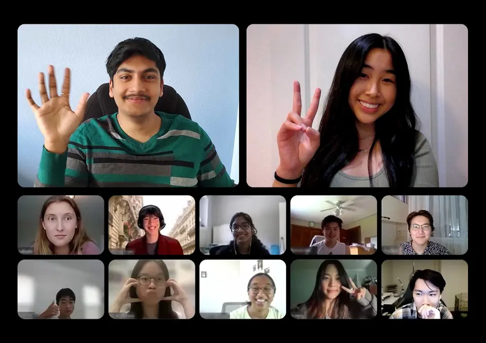 Grid of students smiling and waving on a Leangap Online group video call
