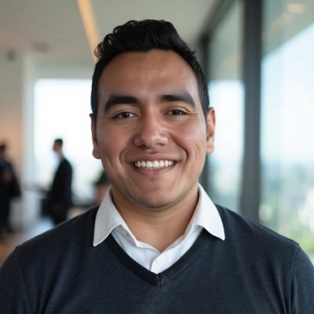 Smiling college counselor in a dark sweater and white collared shirt in a bright modern office