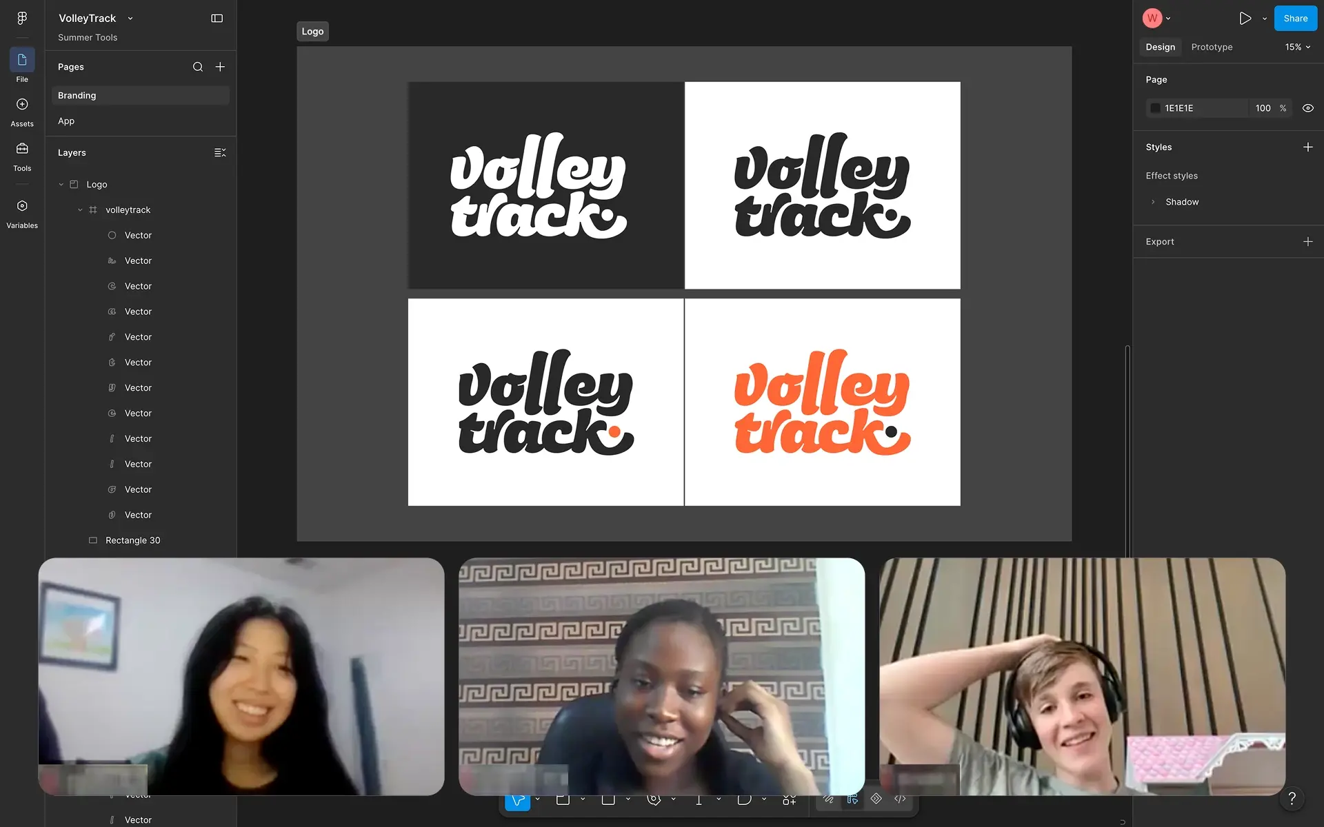 Figma logo designs for VolleyTrack above a video call of three students collaborating