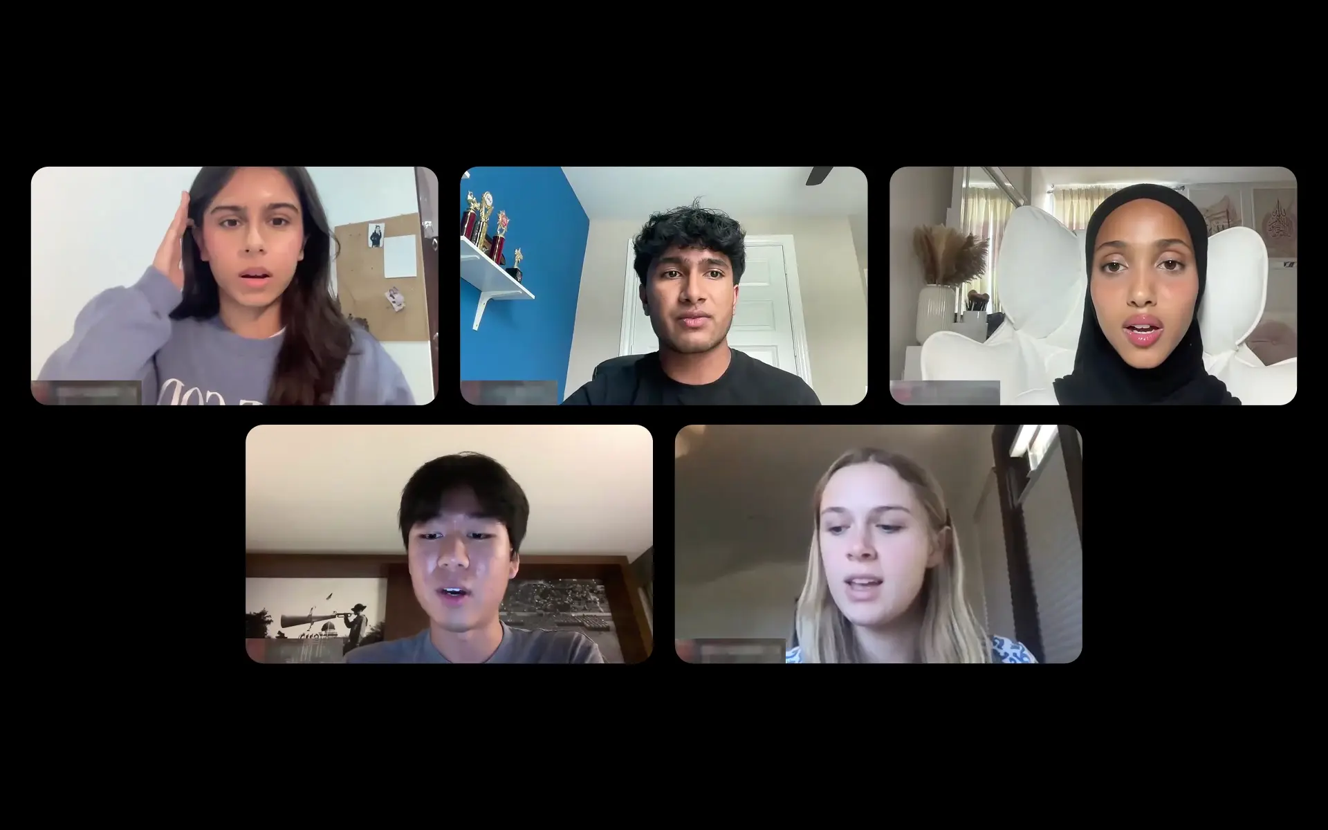 Video call grid of five teenage students speaking during a Leangap Online session