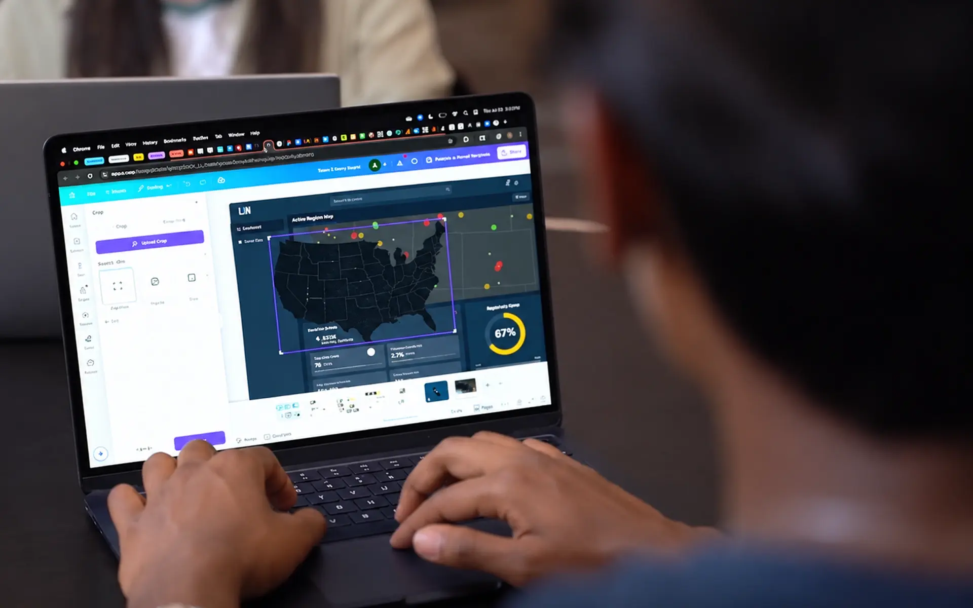 Student working on a laptop designing their startup's pitch deck