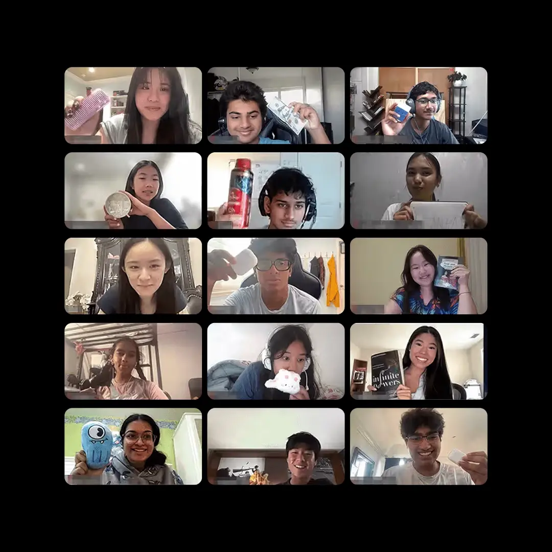 Grid of students on a Leangap Online video call, sharing things with the group