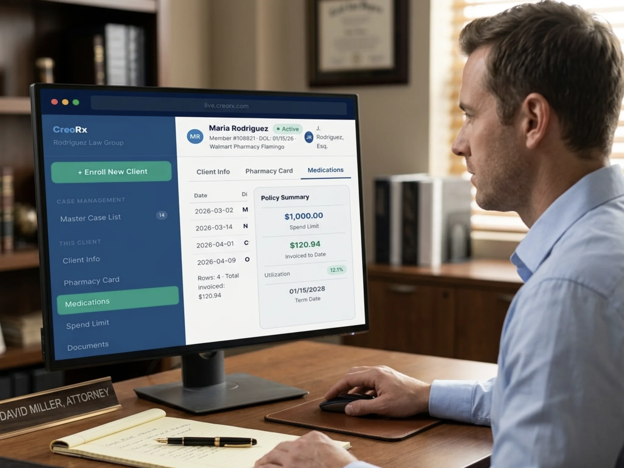 Screenshot of the CreoRx attorney portal