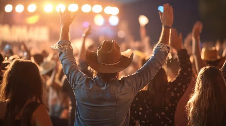 Rear view of a person wearing a cowboy hat and denim jacket with raised hands at a concert or festival crowd.