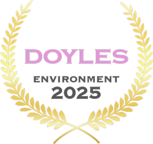Gold laurel wreath with text inside reading 'Recommended Doyles Environment 2025'.