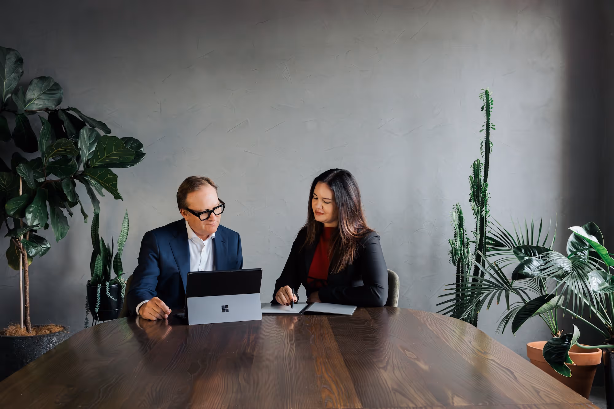 Lachlan and Shaye seated at a wooden conference table, looking at a laptop screen, with potted plants in the background.