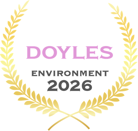 Golden laurel wreath surrounding the text 'DOYLES ENVIRONMENT 2026' in pink and gray.