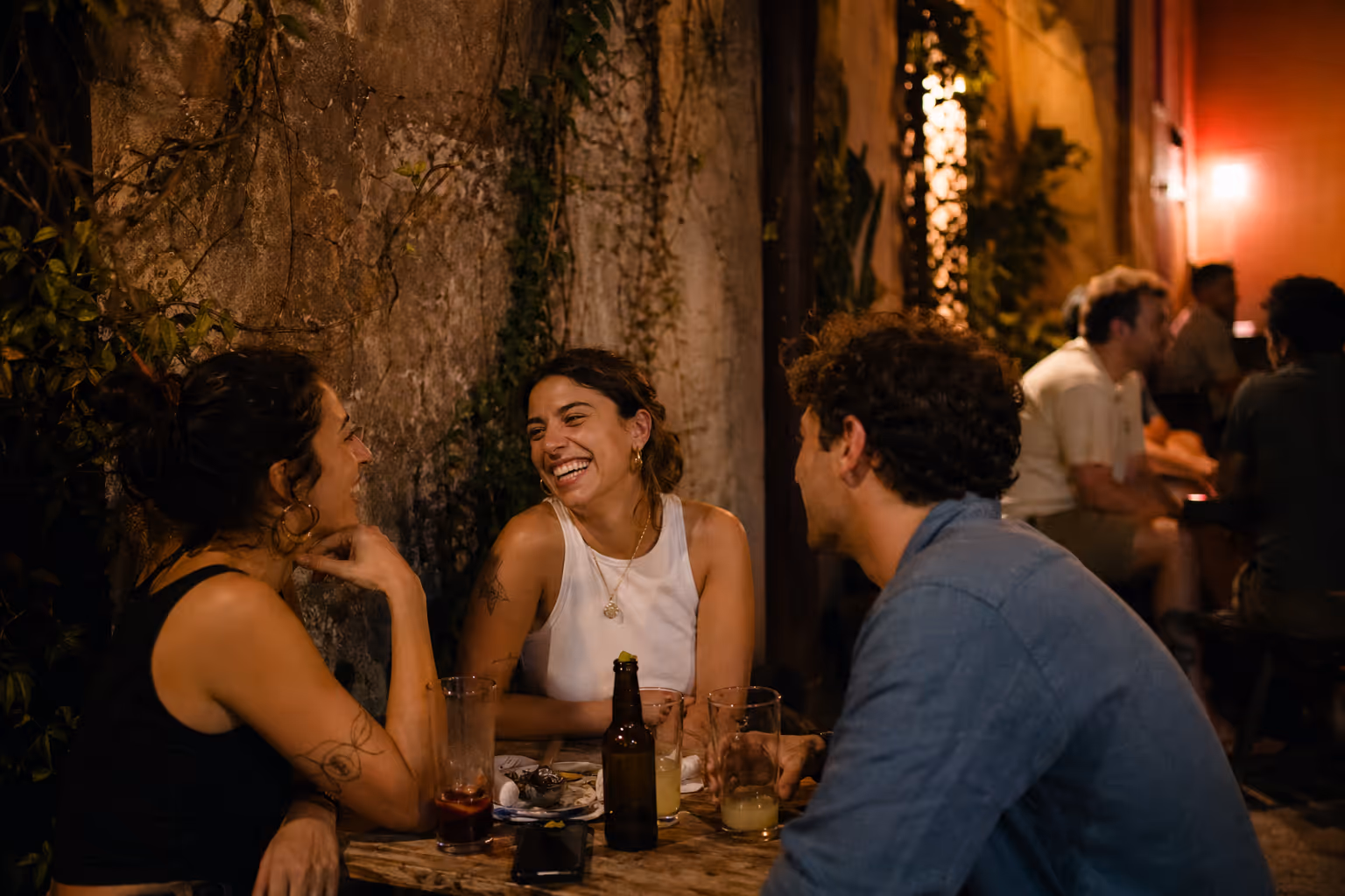Friends out together at night in the city