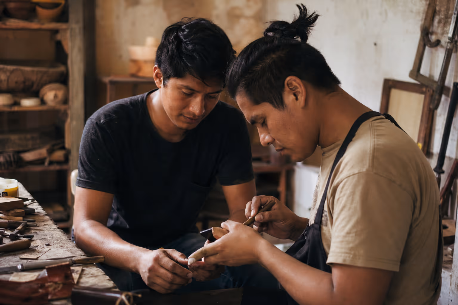 Two craftspeople working closely together on a traditional craft in a workshop