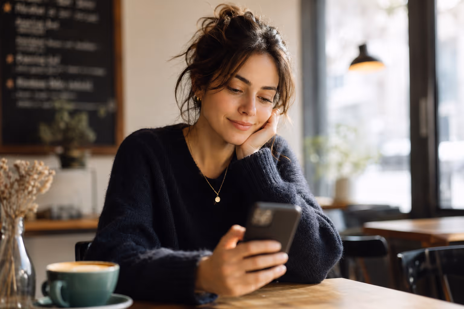 A woman browsing the Terroir app at a café, preparing to connect with a local