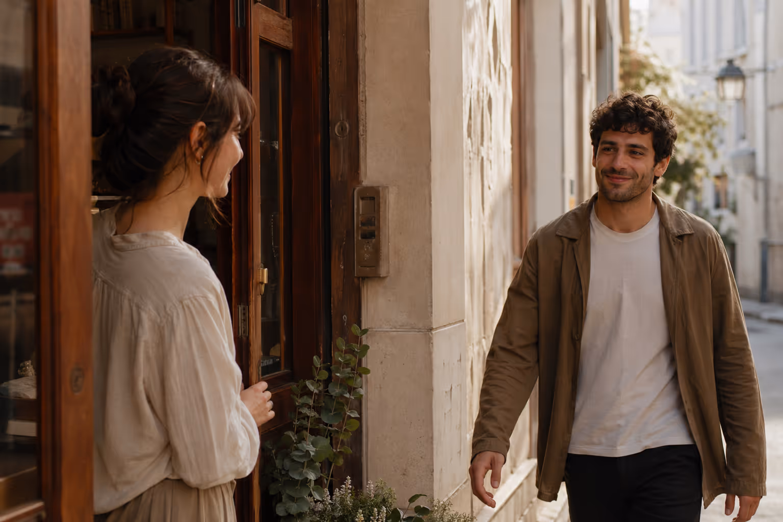 A traveler arriving to meet their local host outside on a sunny street