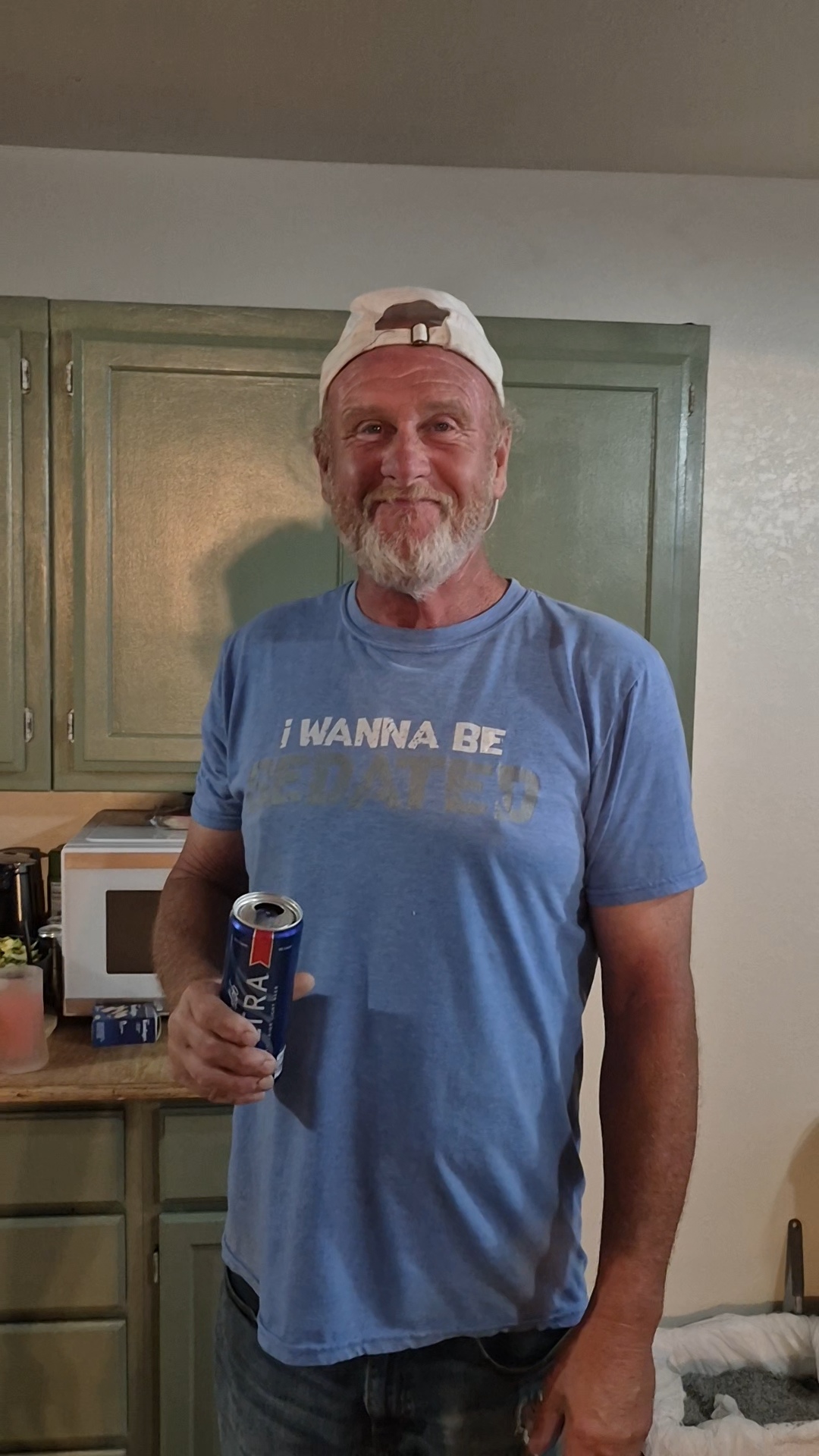 Dad being Dad — I Wanna Be Sedated shirt, beer in hand