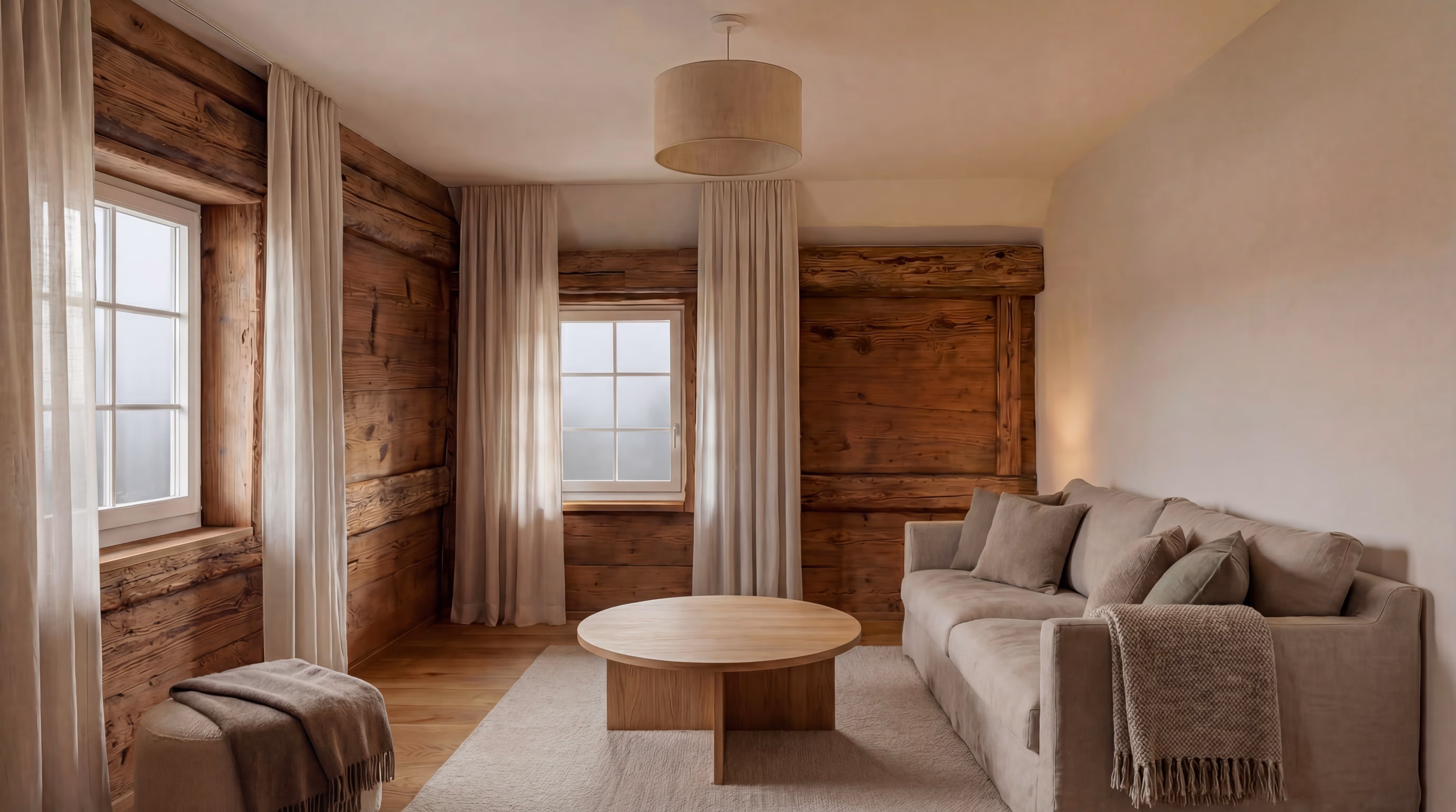Wohnzimmer mit Holzwänden – Referenzprojekt Salamon Planung GmbH, Planungsbüro Region Zürich