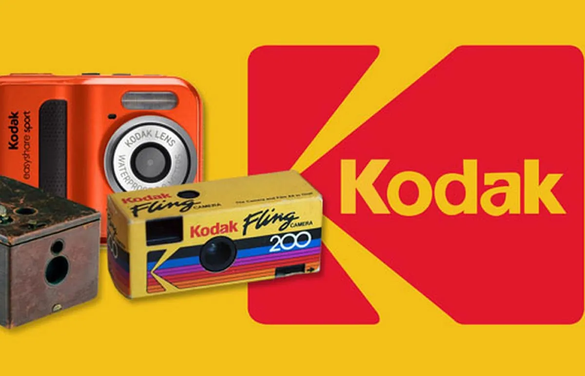Kodak cameras and logo on yellow background.
