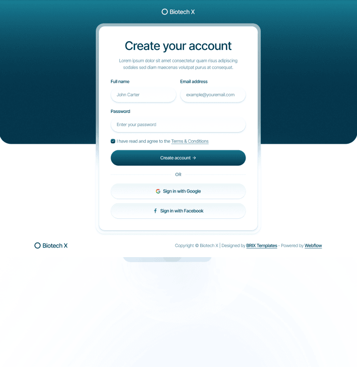 Biotech X - Sign Up Utility Page - Health Tech Webflow Template
