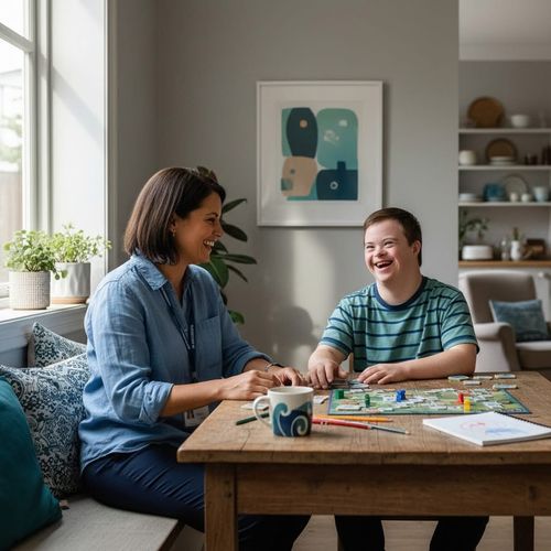 Smiling woman and boy with Down syndrome playing a board game at a wooden table in a cozy room.
