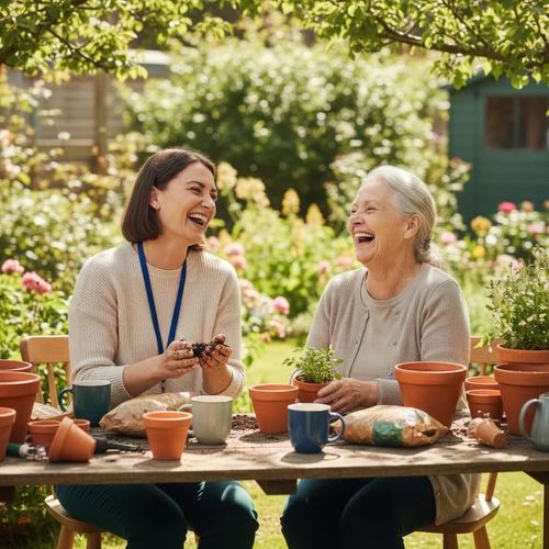 Two women laughing and gardening together outdoors with pots, plants, and gardening supplies on a wooden table.