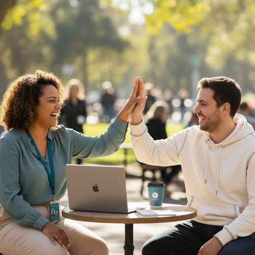 Two people sitting outside at a round table with a laptop and coffee, giving each other a high-five.