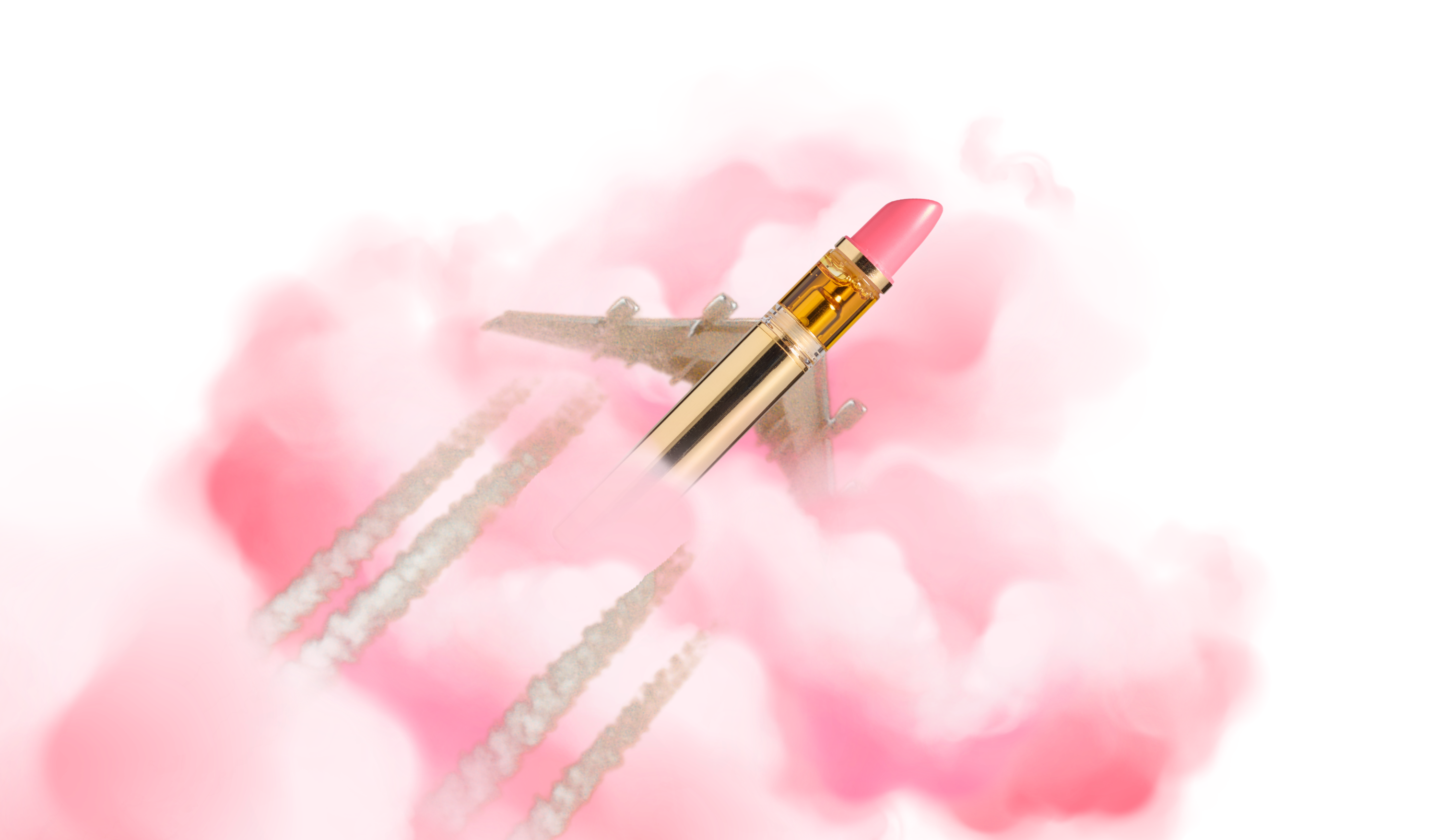 Airplane transforming into a pink lipstick flying through pink and white clouds.