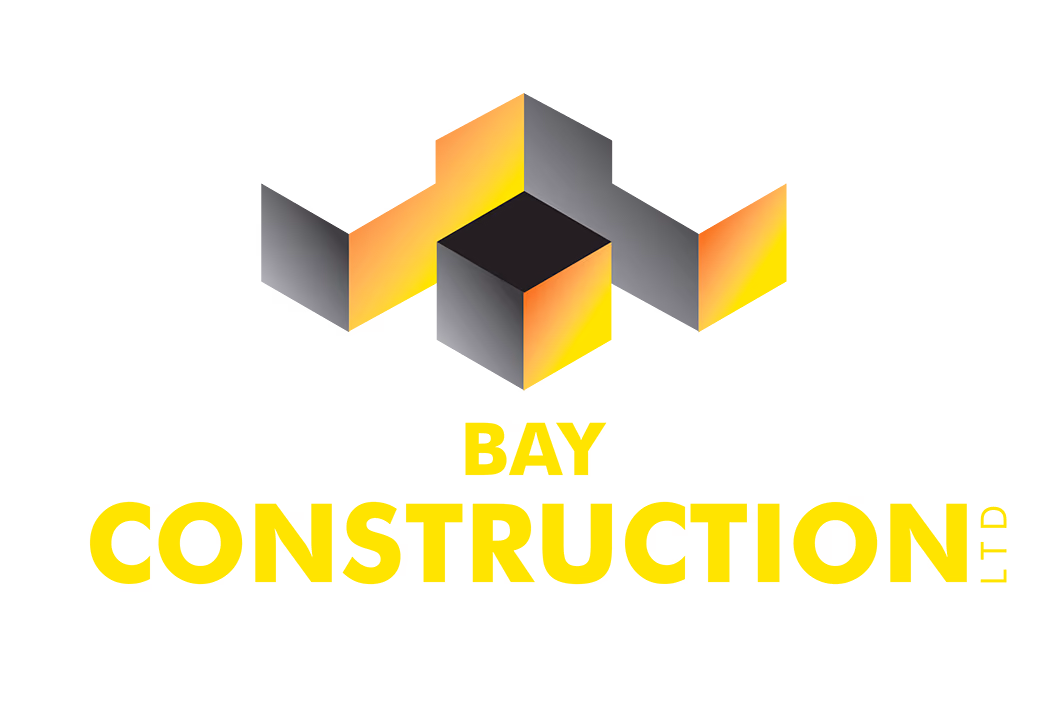 Bay Construction logo with stylized 3D house roof icon above the company name in yellow.