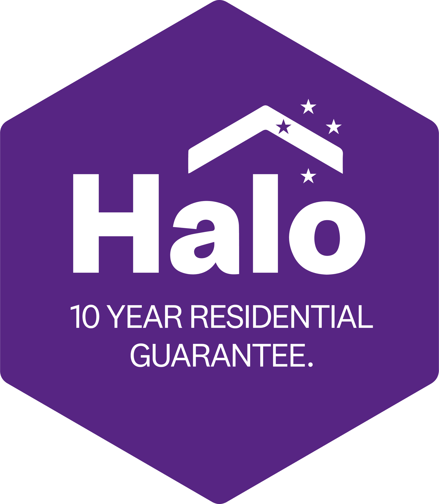 Purple hexagon with 'Halo' and a roof icon above, stating 10 year residential guarantee.