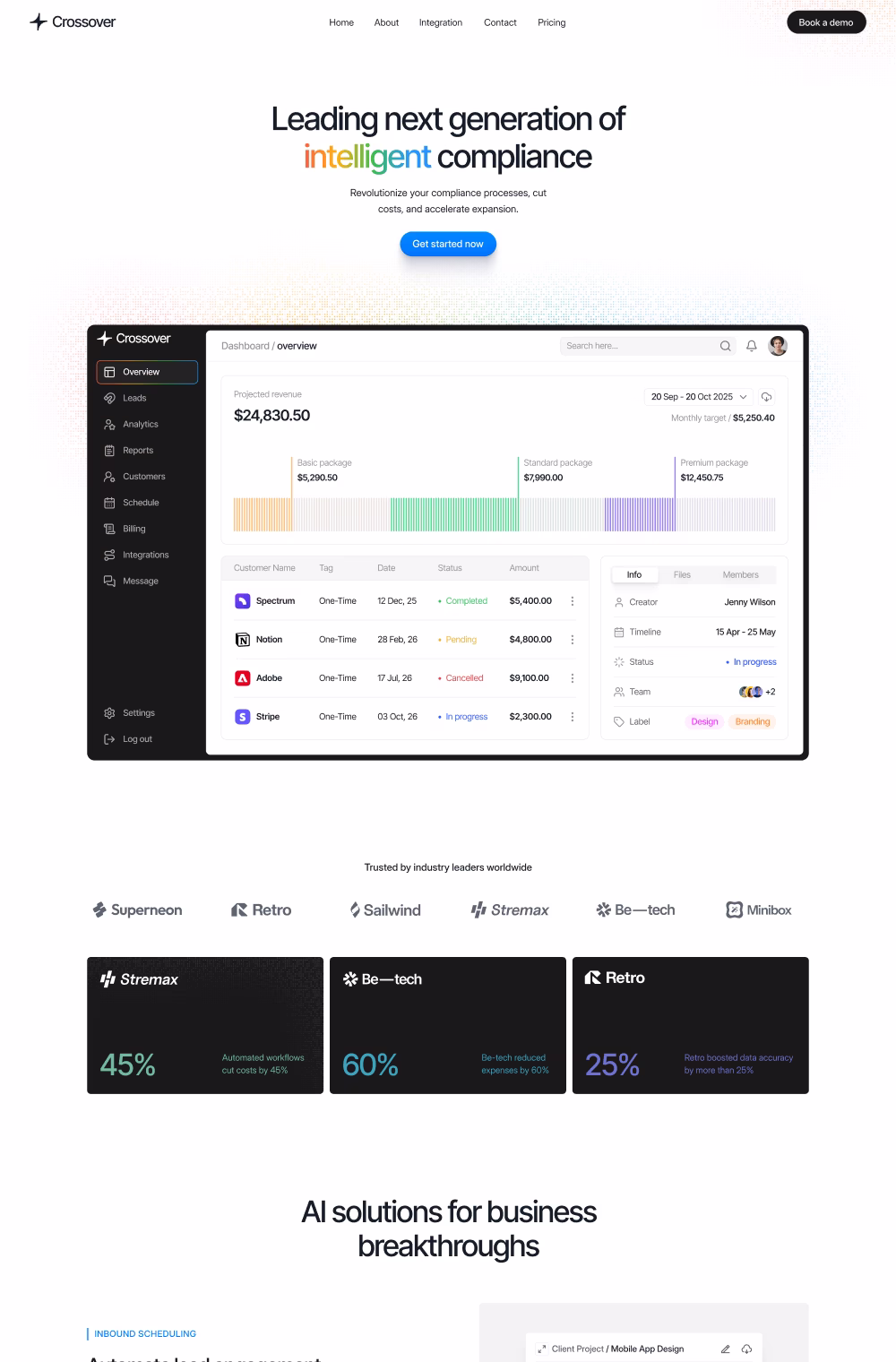 Dashboard interface from Crossover showing project revenue overview, customer payment statuses, and team info with colored package bars.