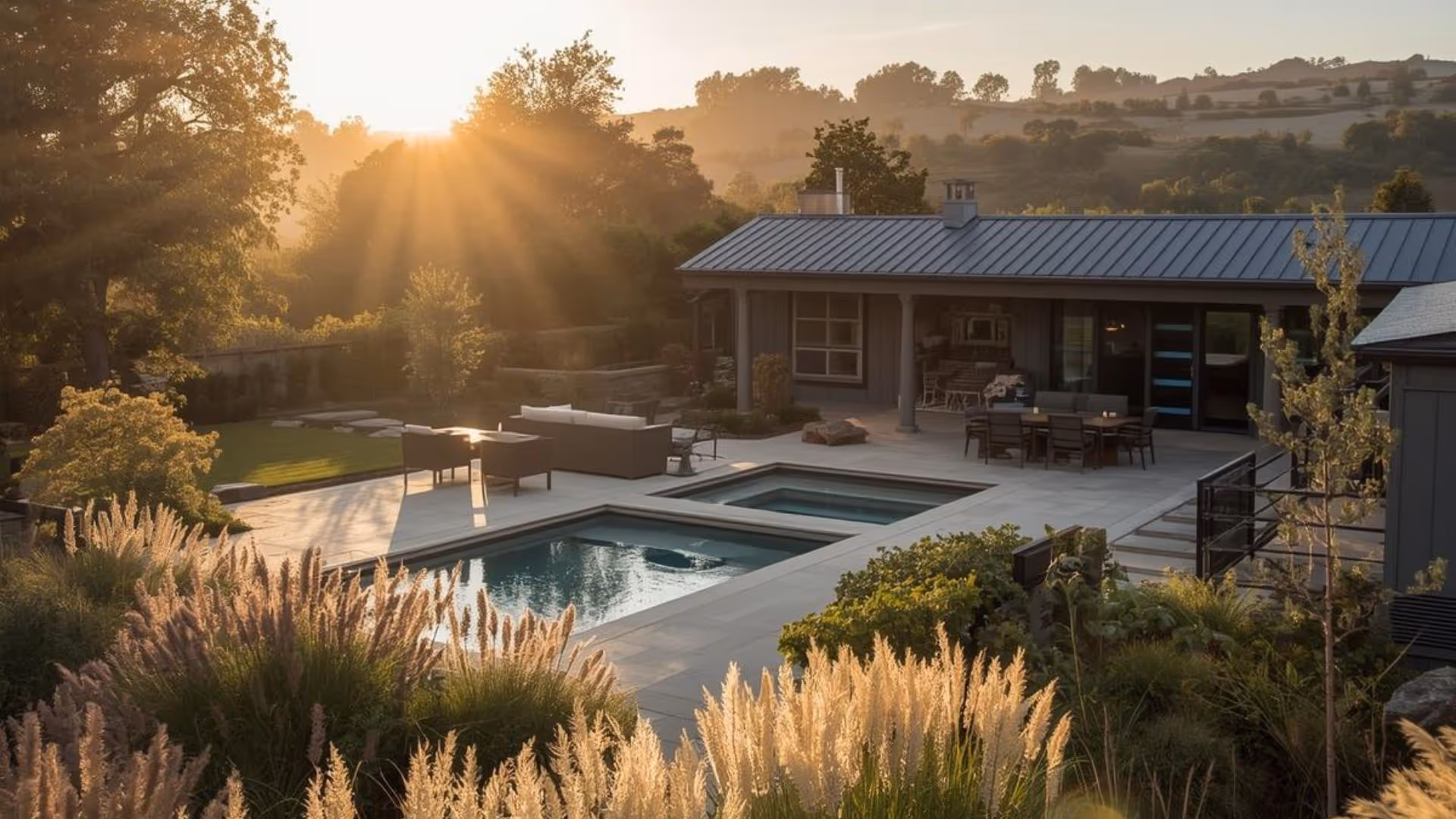 A modern Napa Valley farmhouse and pool area at sunset, showcasing pristine grounds-keeping and evening readiness for luxury homeowners.