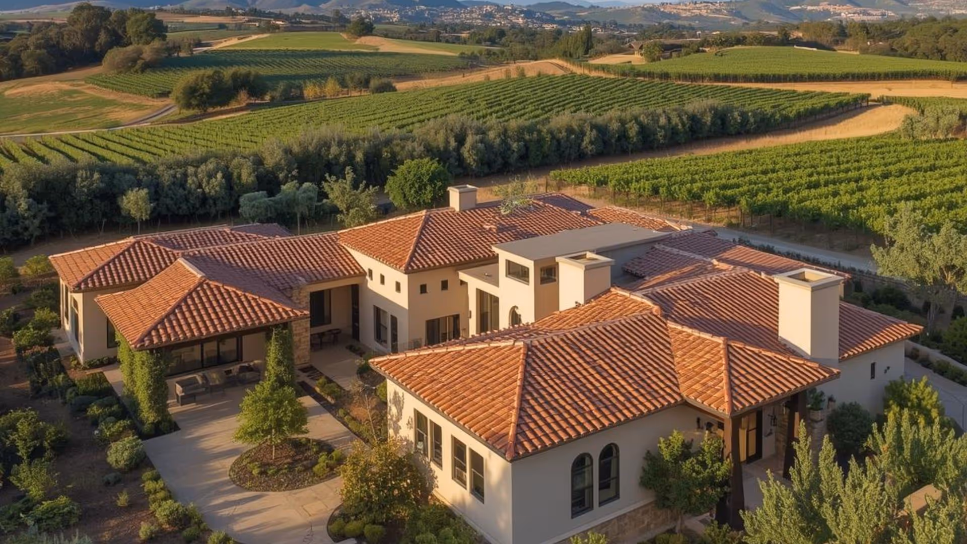 Aerial view of a sprawling Mediterranean vineyard estate in Napa Valley, illustrating our holistic approach to large-scale property stewardship.