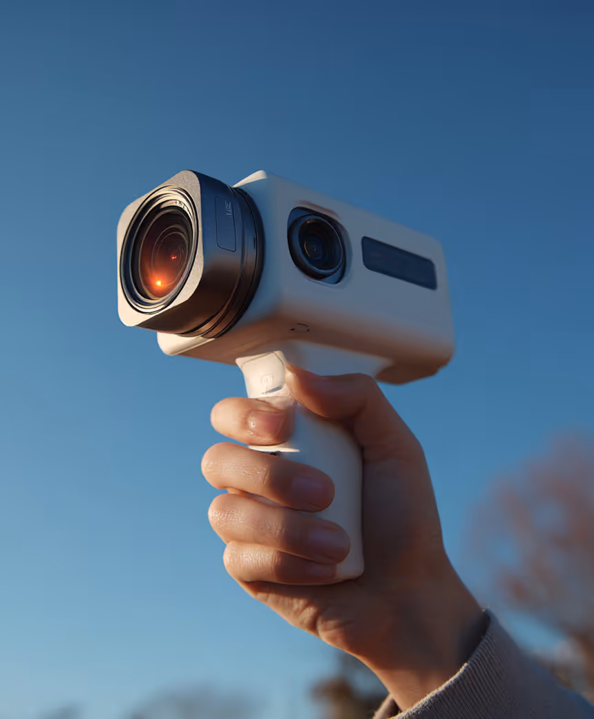 Close-up of a hand holding a white handheld video camera with a large lens against a clear blue sky.