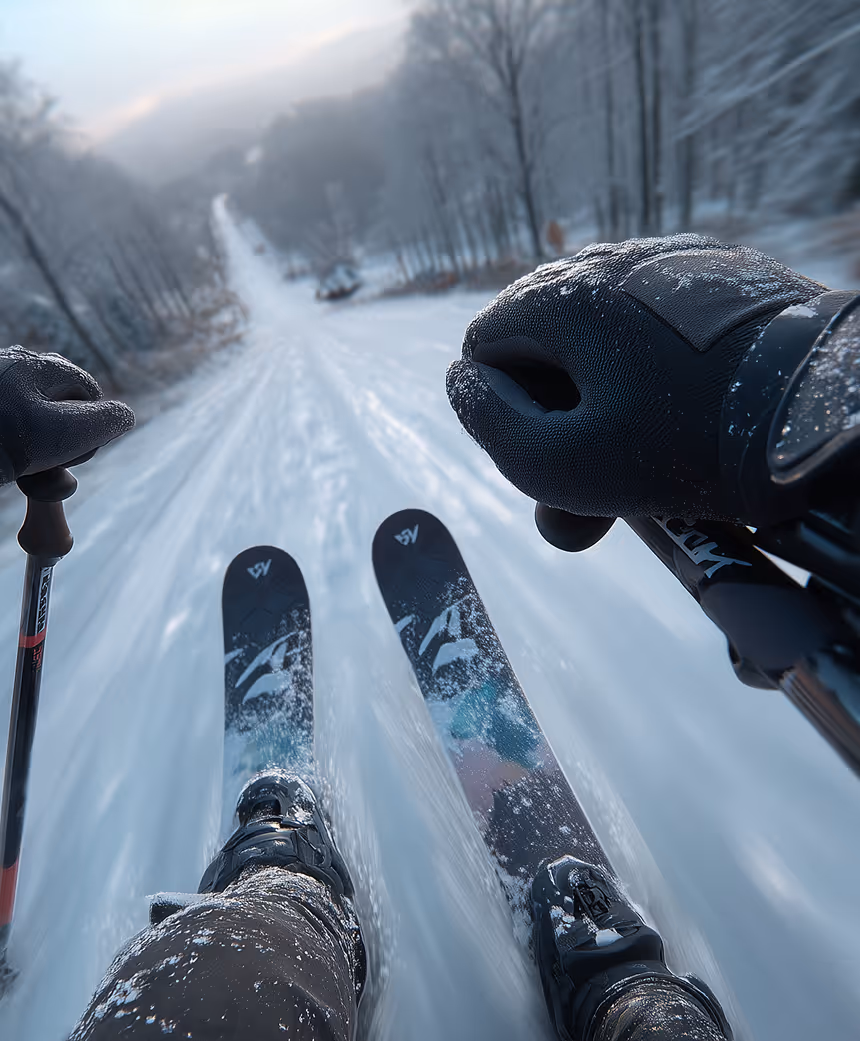 Person skiing downhill on a snowy slope holding ski poles, with snow-covered trees on both sides.