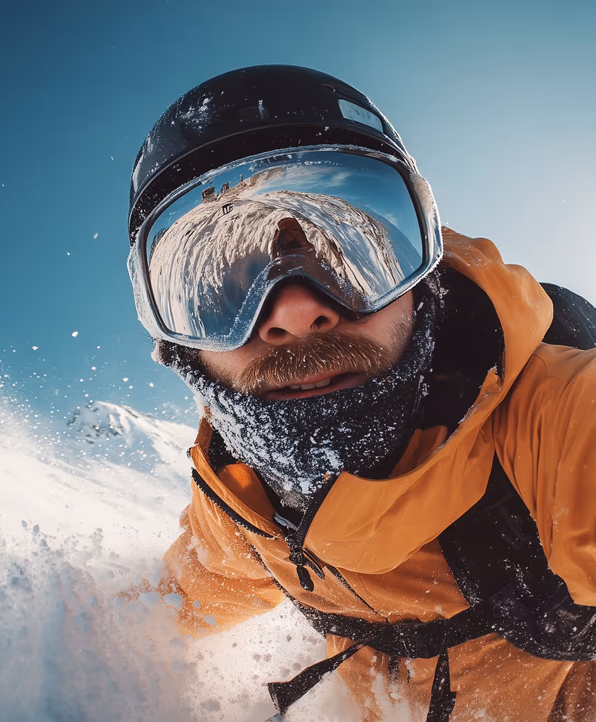 Close-up of a snowboarder wearing reflective goggles and an orange jacket, snow spraying around, with snowy mountain reflected in goggles.