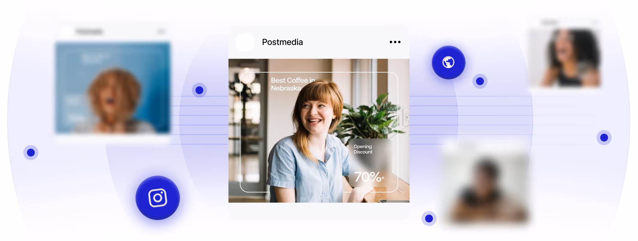 Social media post by Postmedia showing a smiling woman with text promoting 'Best Coffee in Nebraska' and an opening discount of 70%.