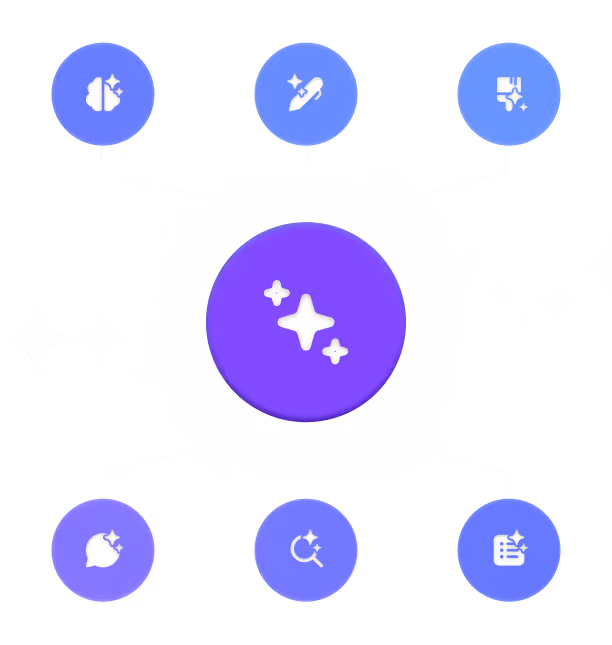 Central purple circle with sparkles connected to six smaller purple circles each containing a different sparkle icon on a black background.