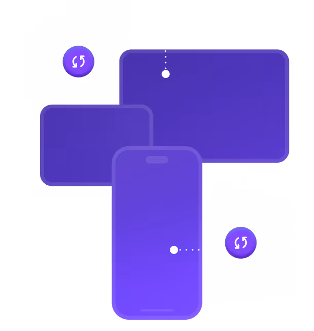 Abstract illustration of a smartphone, tablet, and monitor in purple tones with circular icons showing refresh arrows.