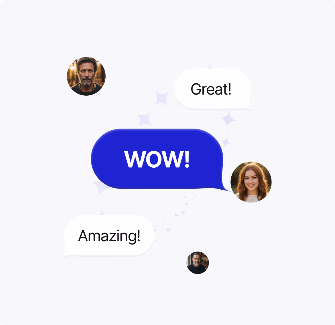 Chat bubbles with words 'Great!', 'wow!', and 'Amazing!' alongside profile pictures of three people on a light background.