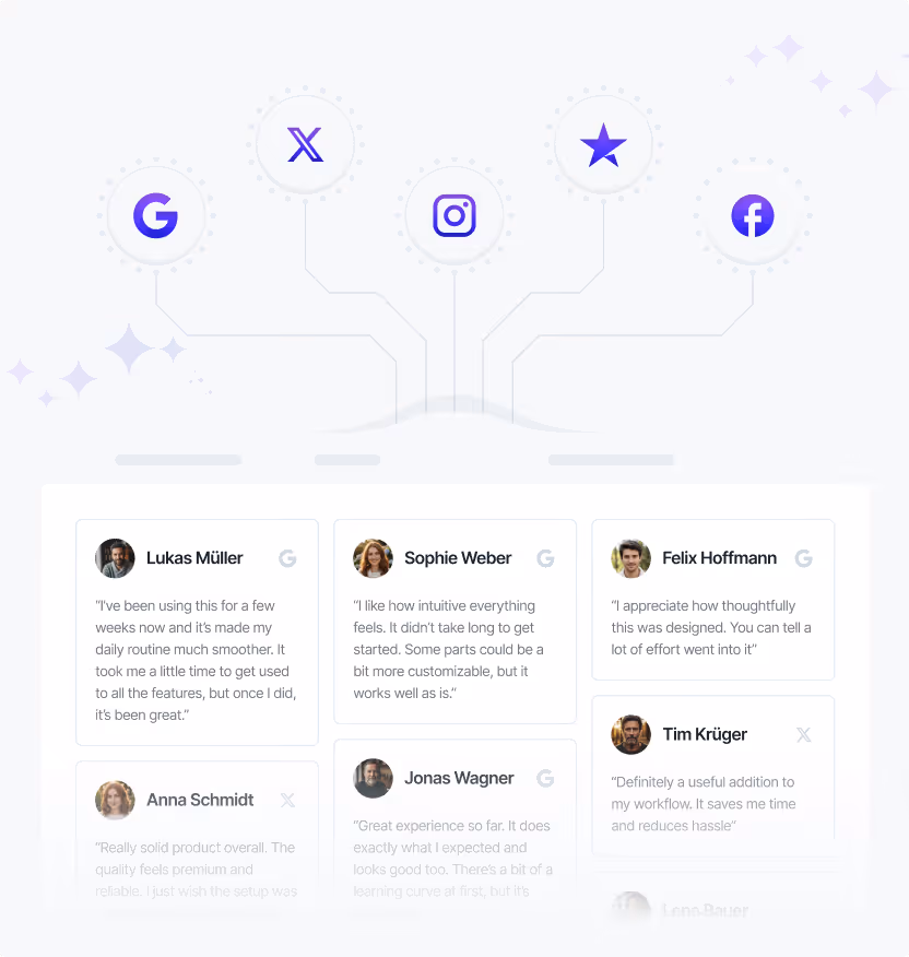 User testimonials linked to social media icons for Google, X, Instagram, Star, and Facebook.
