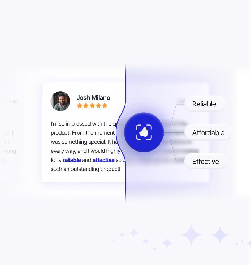 Split image showing a customer testimonial from Josh Milano with a 5-star rating on the left, and keywords reliable, affordable, and effective linked to a central thumbs-up icon on the right.