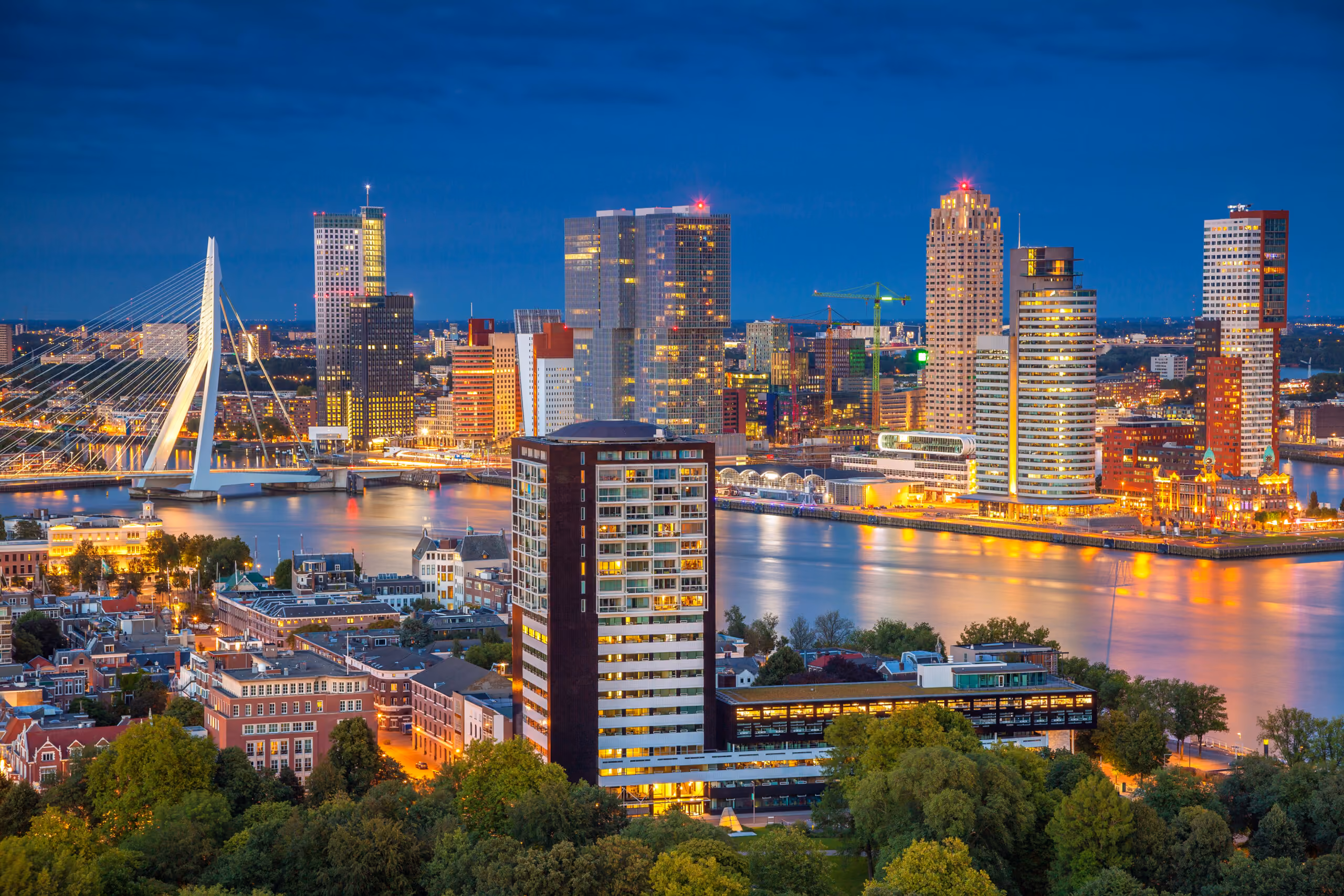 De skyline van Rotterdam in de avond uitkijkend over diverse hoge gebouwen en de Erasmusbrug.