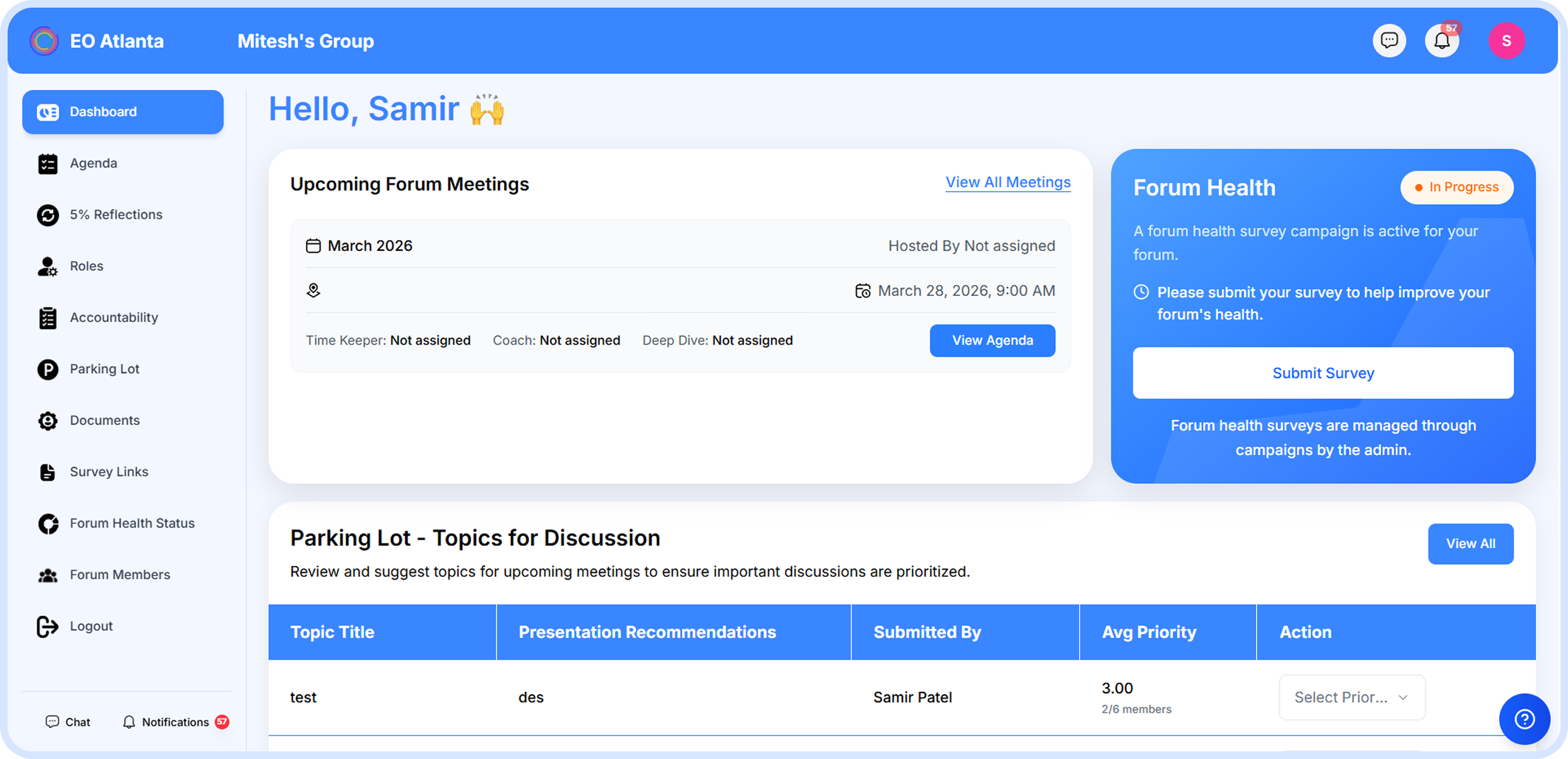 Dashboard interface showing upcoming forum meeting details for March 28, 2026, forum health survey progress, and parking lot topics for discussion including a topic submitted by Samir Patel.