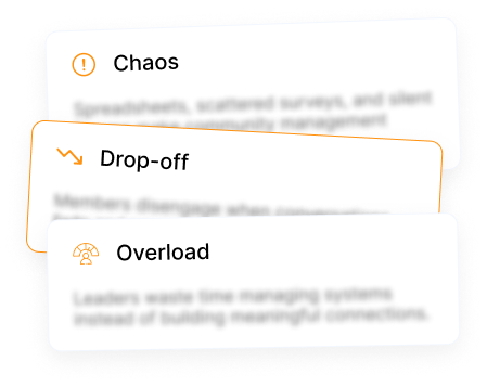 Three overlapping cards labeled Chaos, Drop-off, and Overload with icons and partial text descriptions.