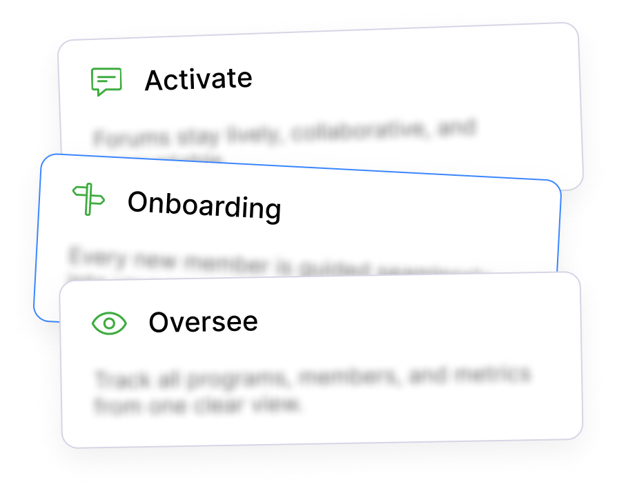 Three overlapping cards labeled Activate, Onboarding, and Oversee, each with respective green icons and brief blurred descriptions.