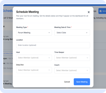 Schedule Meeting form with fields for meeting type, date and time, location, host, time keeper, deep dive, and coach, with Cancel and Save Meeting buttons.