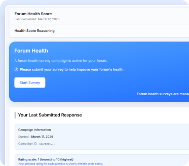 Forum Health Score interface showing a prompt to start a survey to improve forum health, with last calculated date March 17, 2026.