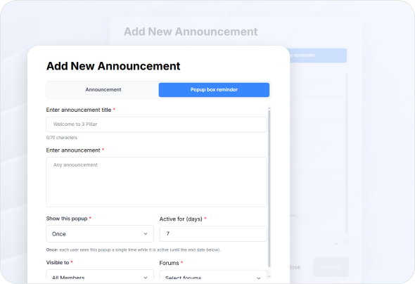 Web interface for adding a new announcement with fields for title, announcement text, popup display options, active days, visibility, and forum selection.