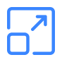 Blue icon of a square with an arrow pointing diagonally outward representing external link or expand action.