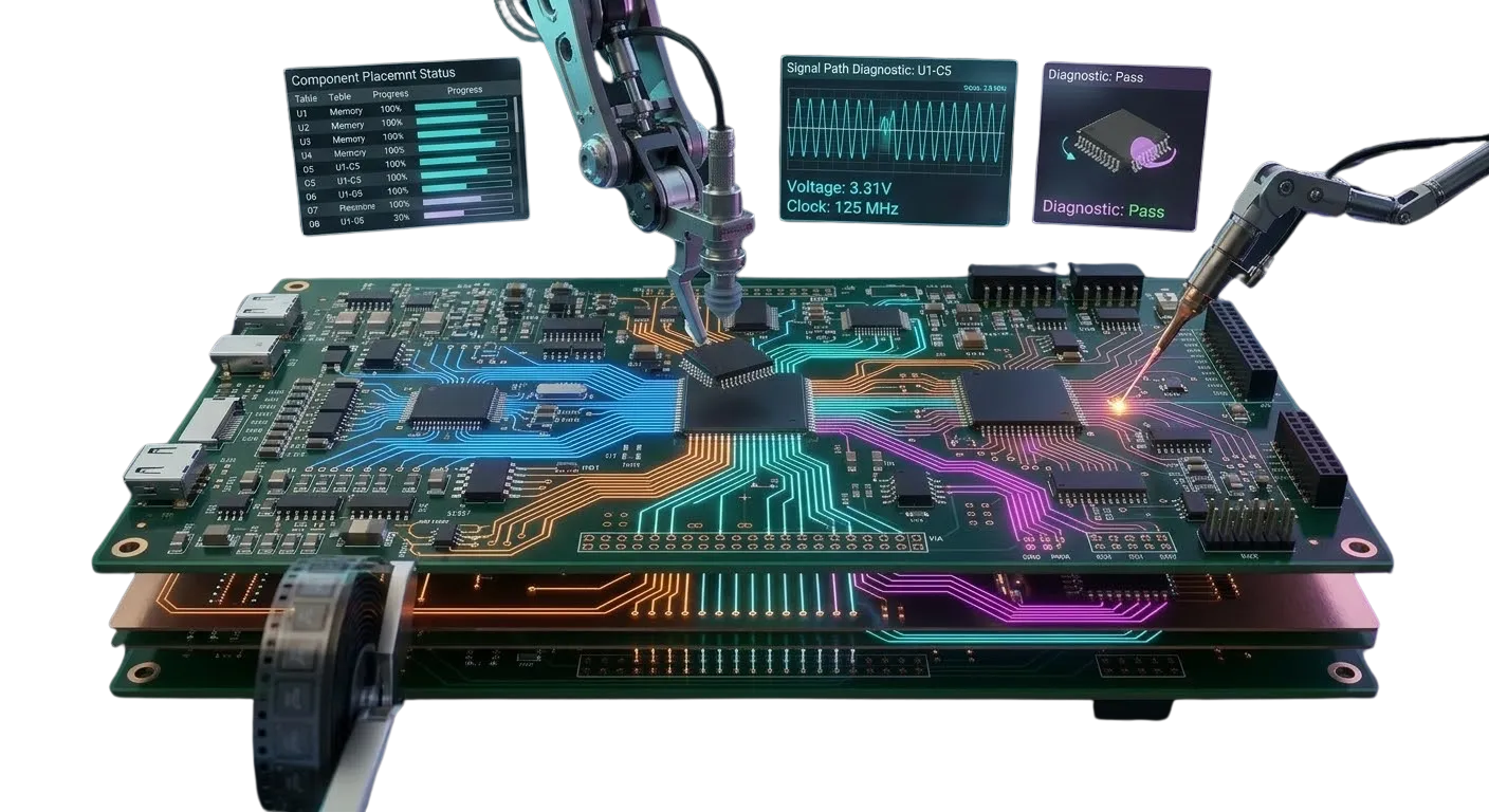 Robotic arms assembling and testing a multi-layer circuit board with highlighted data pathways and diagnostic screens showing component status and signal waveforms.