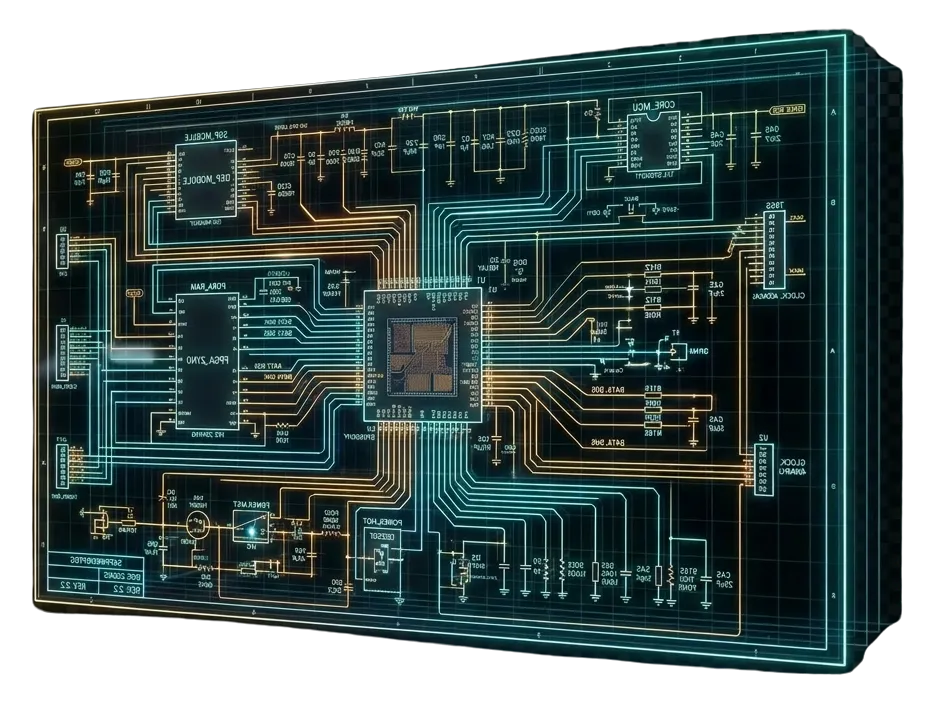 3D digital schematic of an electronic circuit board with labeled components and interconnected wiring.