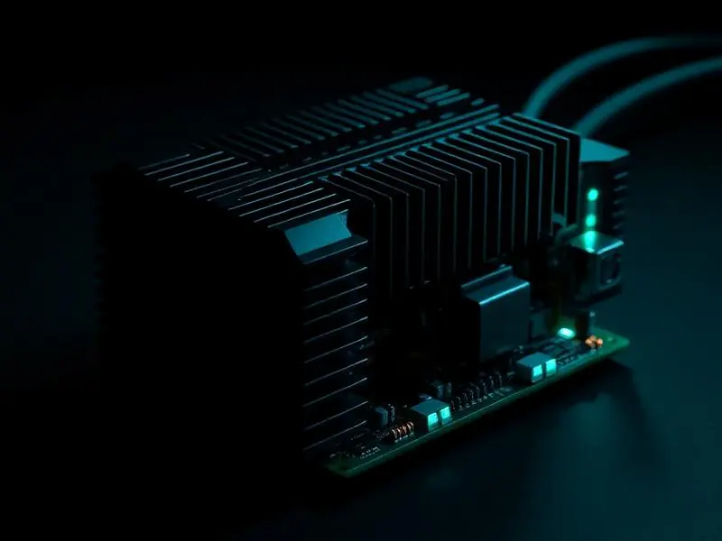 Close-up of an electronic circuit board with a large black heatsink and glowing green indicator lights in a dark environment.