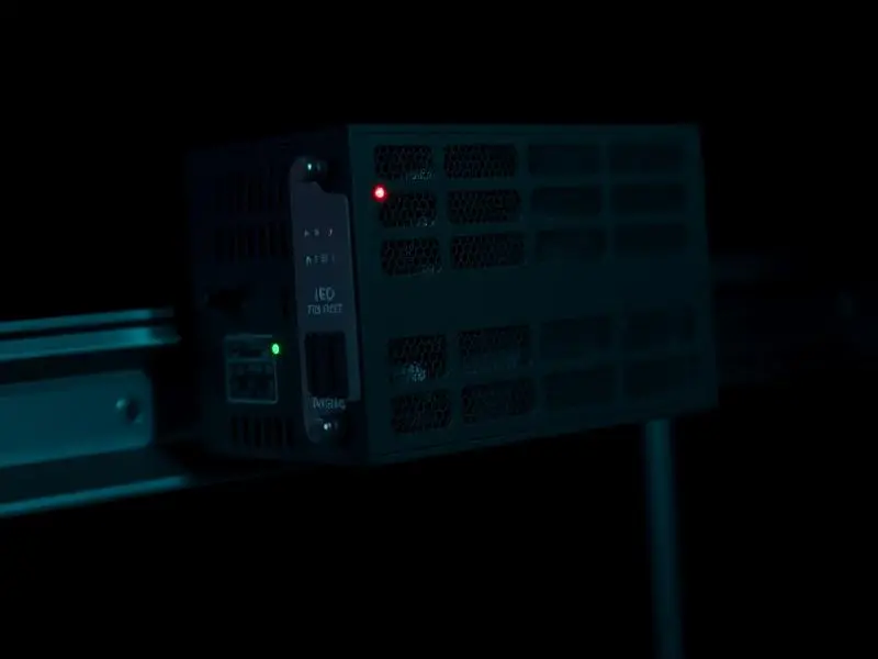 Darkly lit electronic device or power supply unit with a green and a red indicator light.